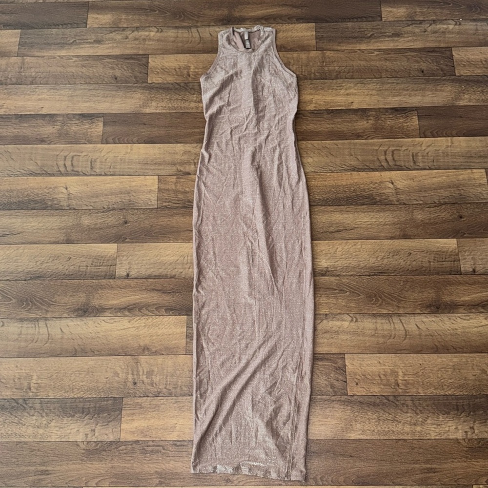 Skims Size Medium Shimmery Maxi Dress Tan Nude Color Sexy See Through Sheer Hot